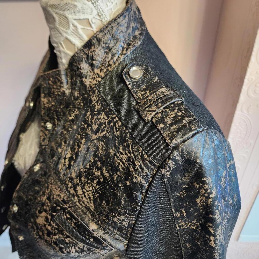 LKNW H & D leather denim blend jacket unique brown black tan S love flawless - Picture 6 of 8